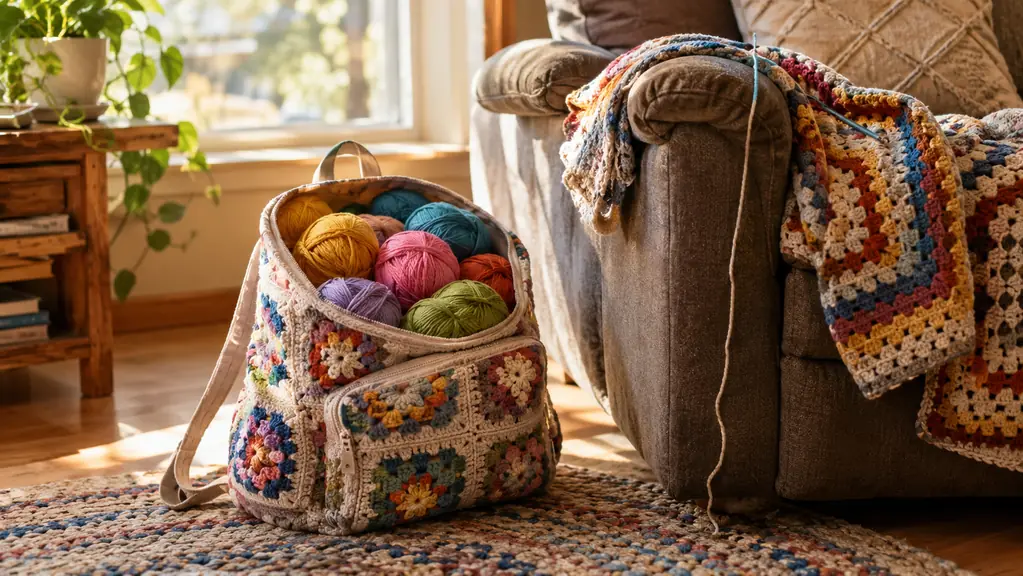 A crochet bag full of yarn resting on a braided rug beside a recliner in late afternoon light