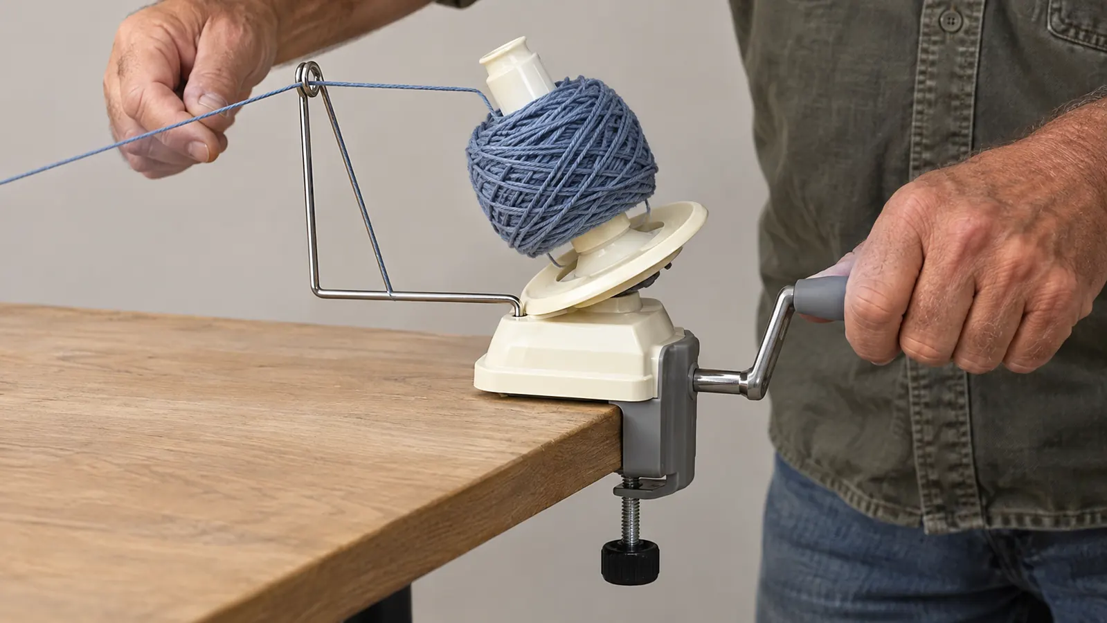 A hand turning the crank of a yarn winder while yarn feeds through a metal guide