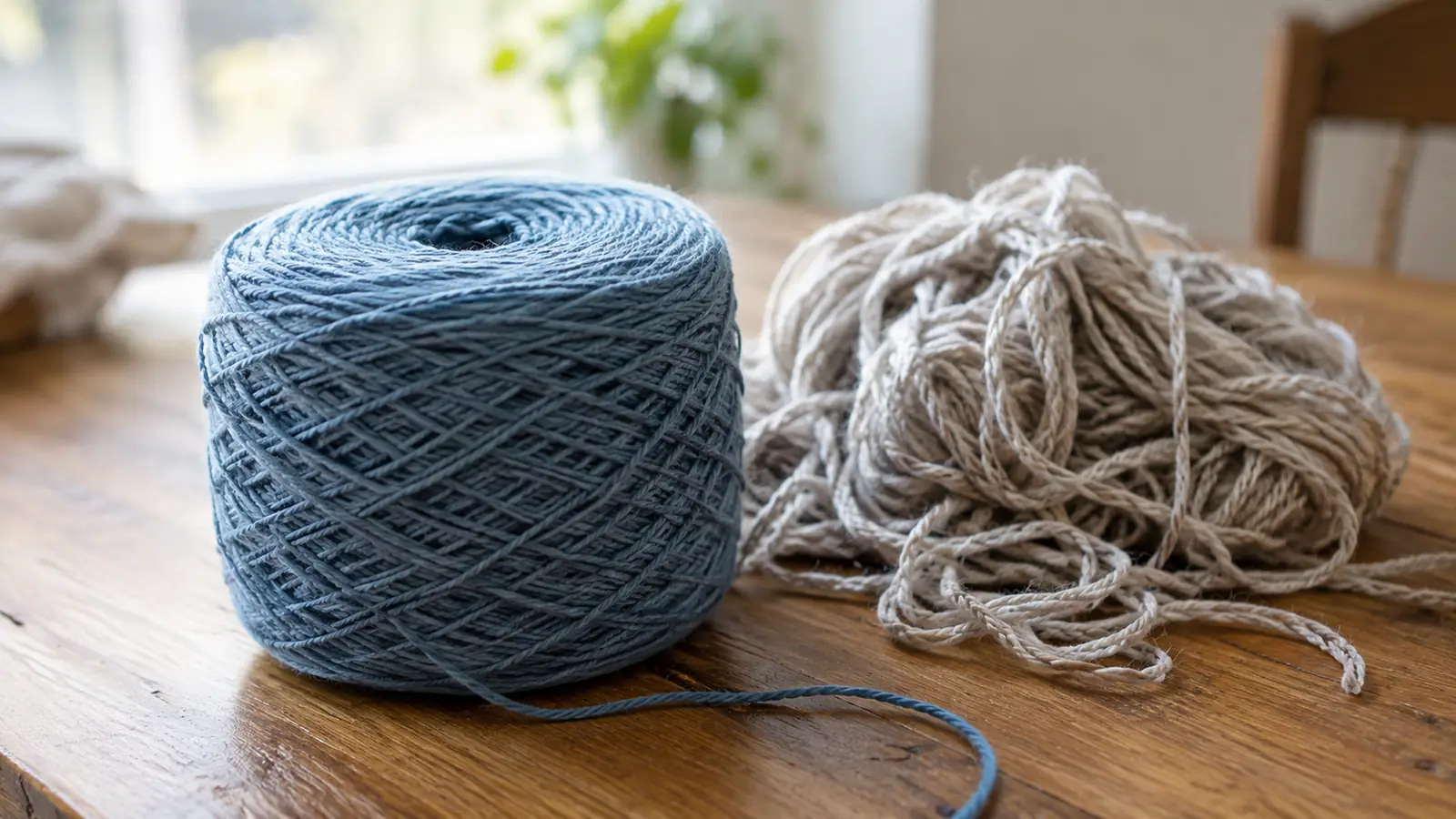 A neat center-pull cake of yarn next to a tangled skein on a wooden table