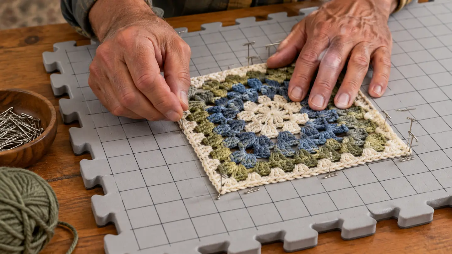 Hands pinning a crocheted square to a foam blocking mat with T-pins