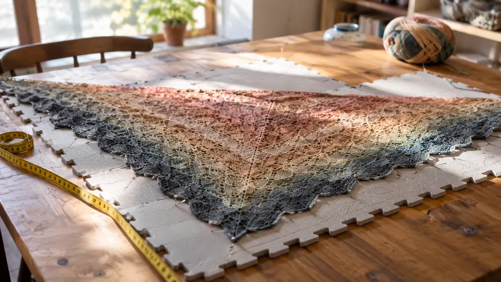 A crocheted shawl laid out to dry on blocking mats beside a measuring tape