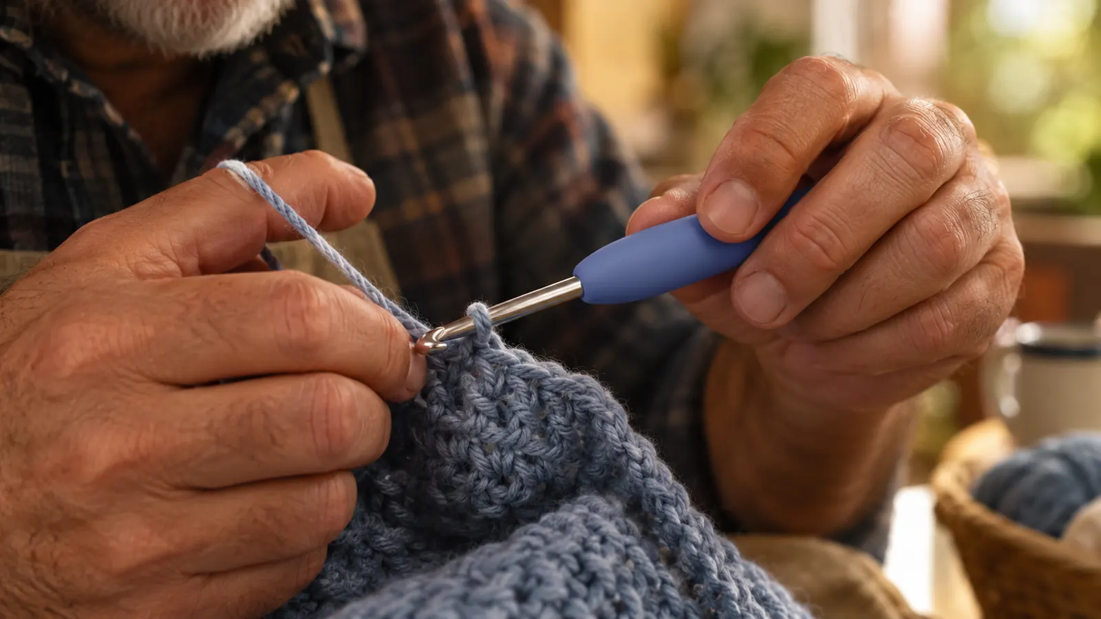 A hand holding an ergonomic crochet hook with a cushioned handle over a small yarn project