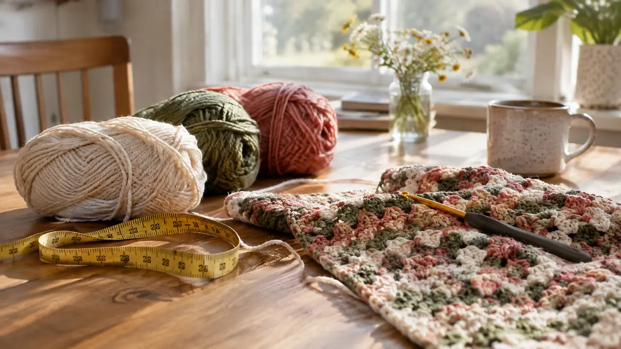 A crochet project resting on a kitchen table beside a measuring tape and a small stack of yarn