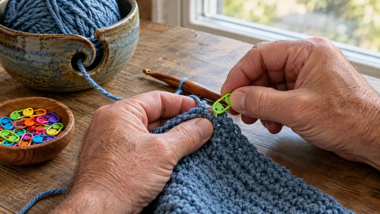 A hand clipping a locking stitch marker onto a crochet project near the working loop