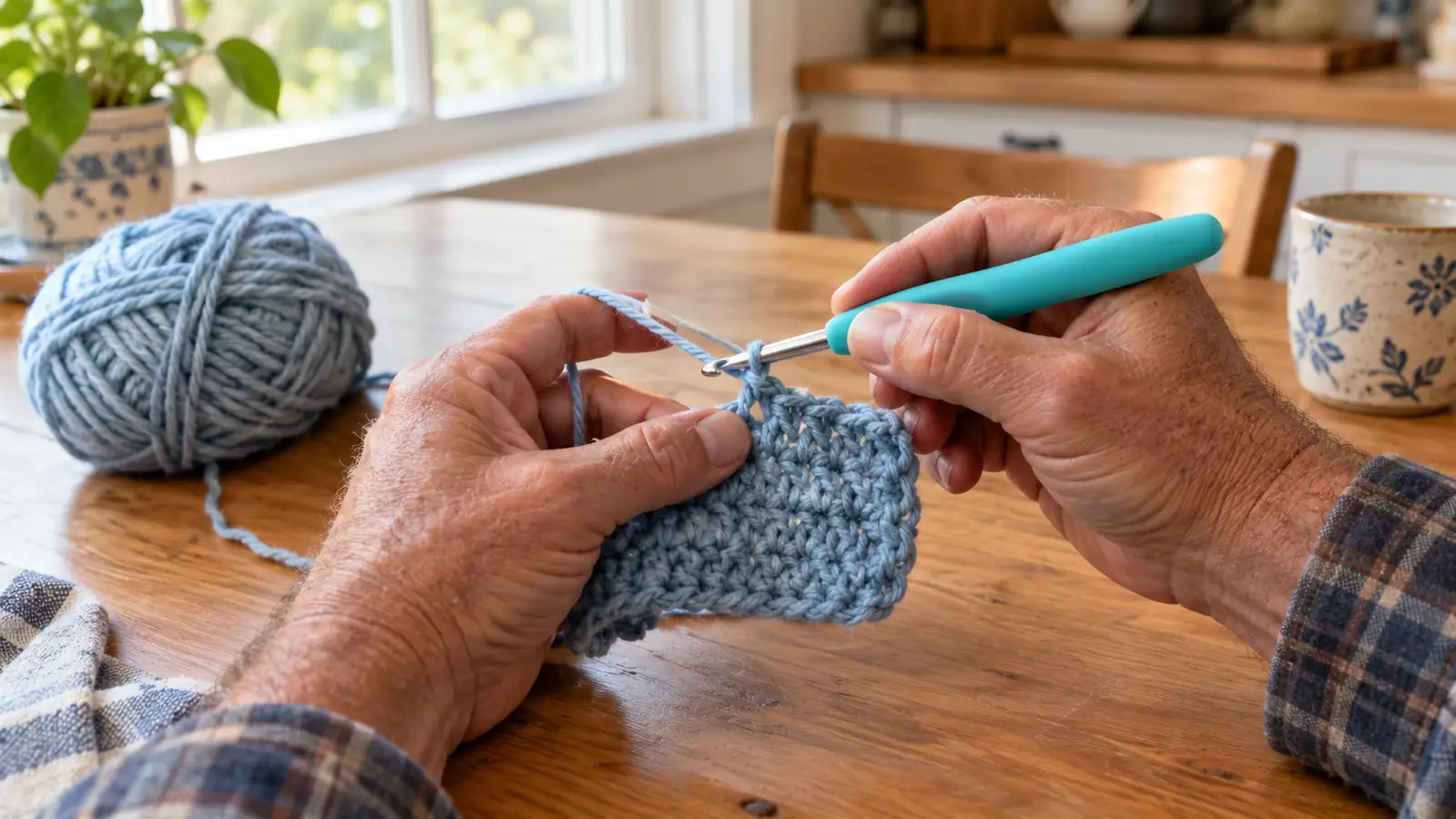 Hands crocheting a small swatch at a kitchen table with a ball of yarn nearby