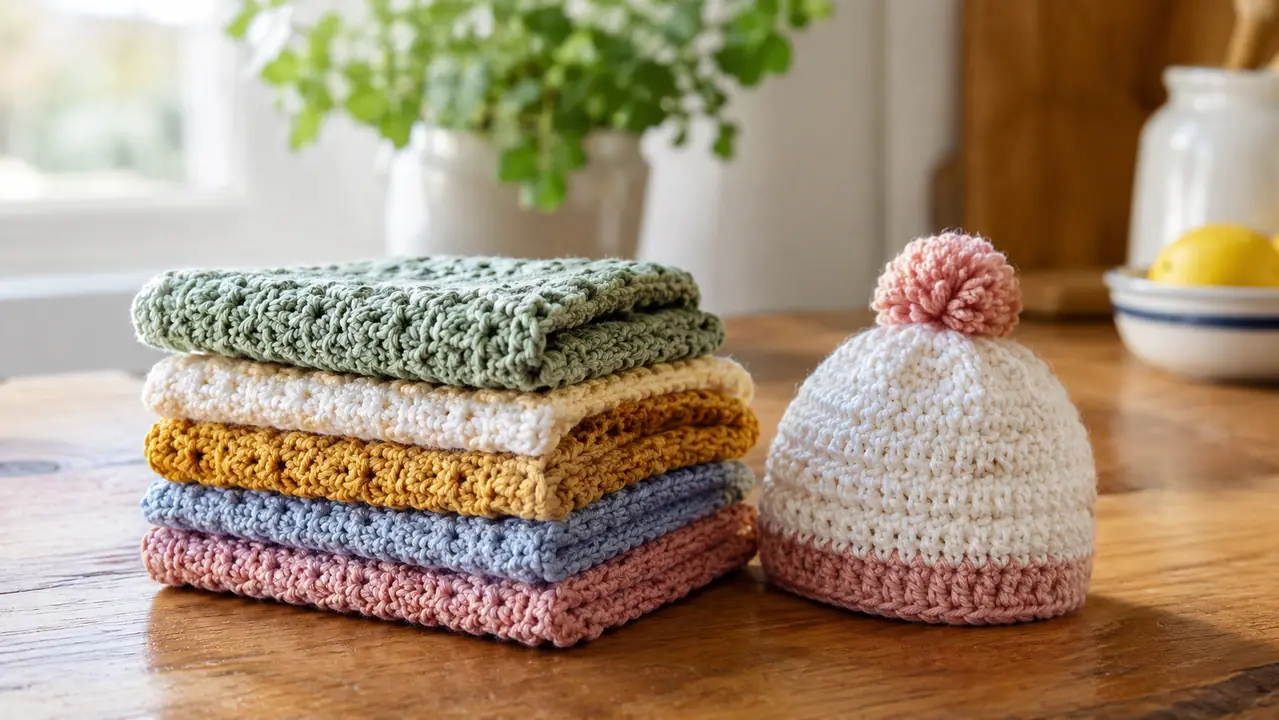 A stack of finished crochet dishcloths and a small baby hat on a kitchen table