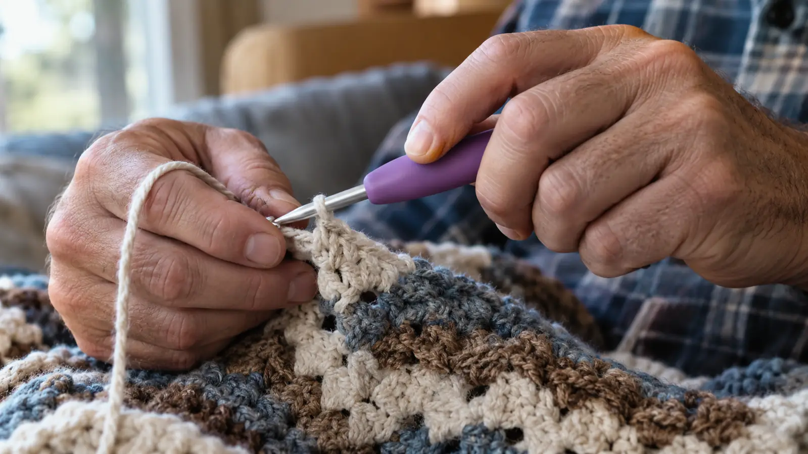 Close-up of a hand holding a crochet hook mid-stitch, working into a blanket in progress on a lap