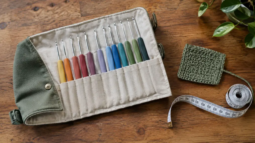 Crochet hooks laid out on a wooden kitchen table beside a folded case, a small gauge swatch, and a tape measure