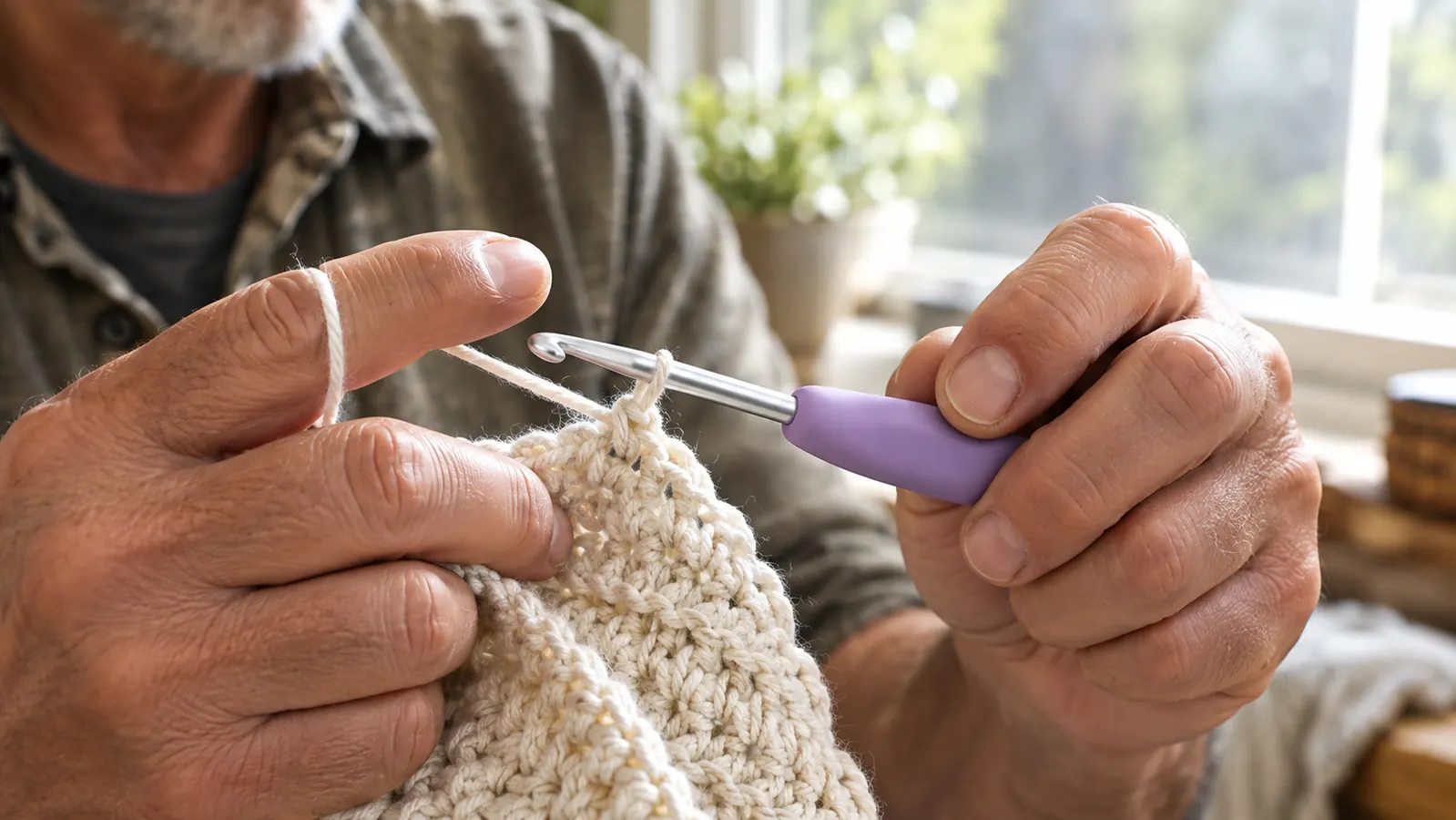 A hand holding a crochet hook with a thick cushioned grip while working on a row of stitches