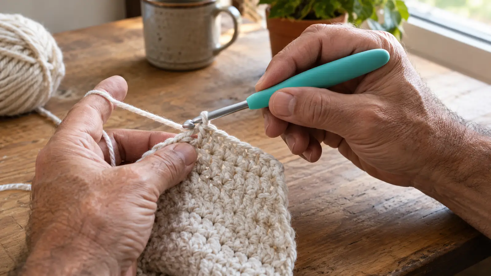 A hand holding an ergonomic crochet hook with a rounded colorful handle while working a stitch in a light-colored swatch