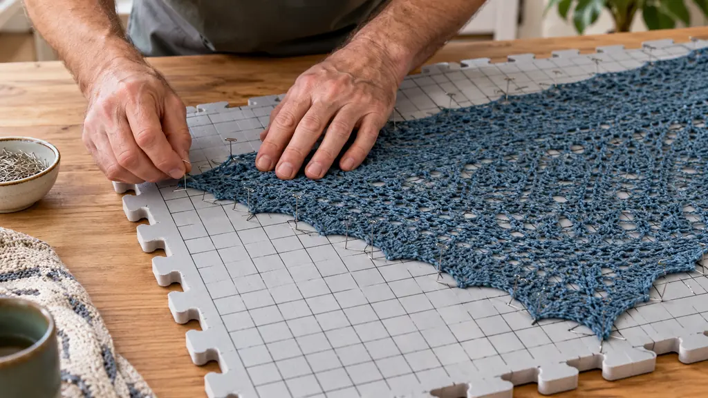 Hands pinning a crocheted shawl edge to a foam blocking mat with T-pins