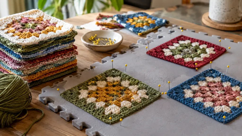 A stack of crocheted granny squares drying on interlocking blocking mats, some pinned and some unpinned