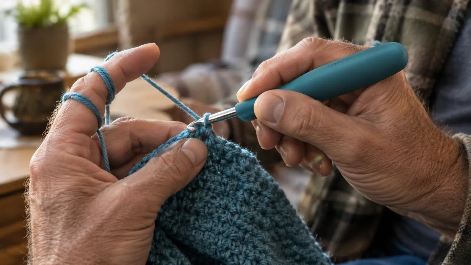 Hand holding an ergonomic crochet hook while working a stitch