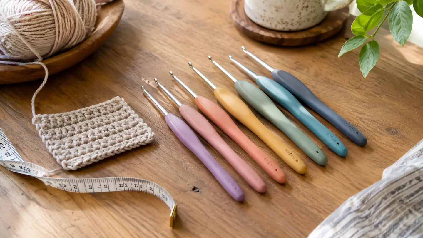 A set of ergonomic crochet hooks laid out on a wooden kitchen table next to a measuring tape and a small gauge swatch