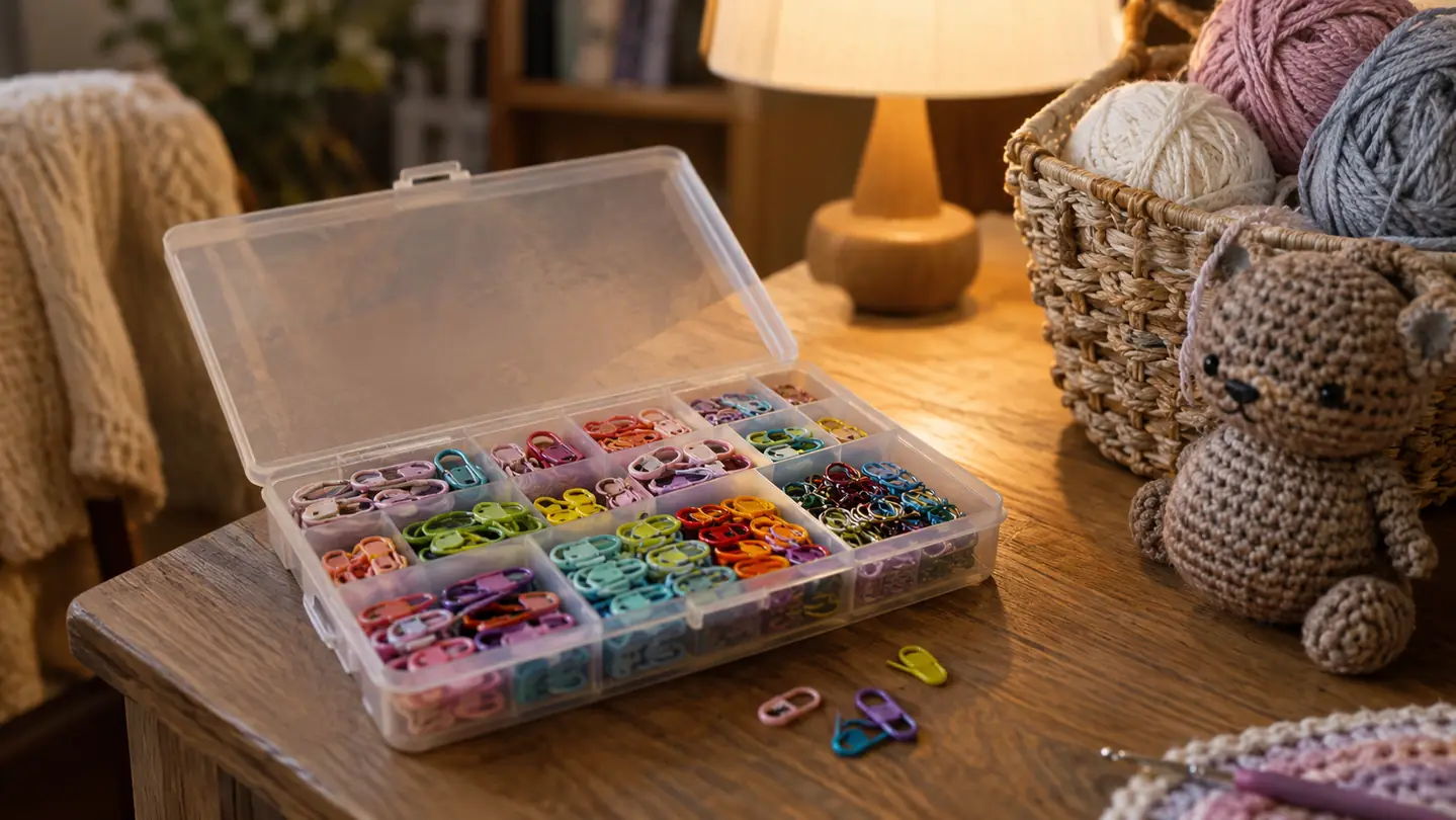 an open storage box holding many locking stitch markers on a side table beside a yarn basket and a small finished amigurumi