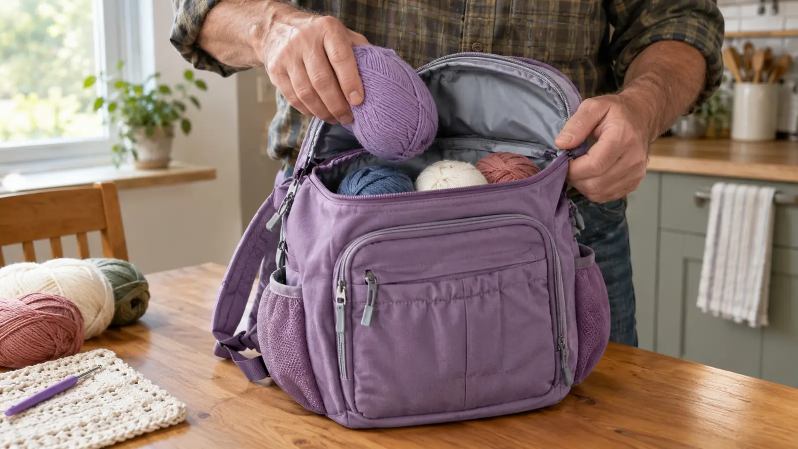 A hand placing a yarn skein into a compartment of a large crochet bag