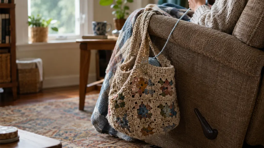 A crochet bag hanging from a chair arm with yarn feeding out of the top