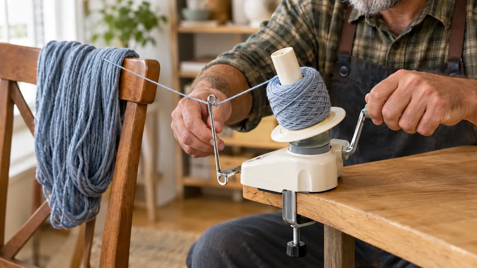 A person's hands turning the crank of a yarn winder while yarn feeds from a skein held on a chair back