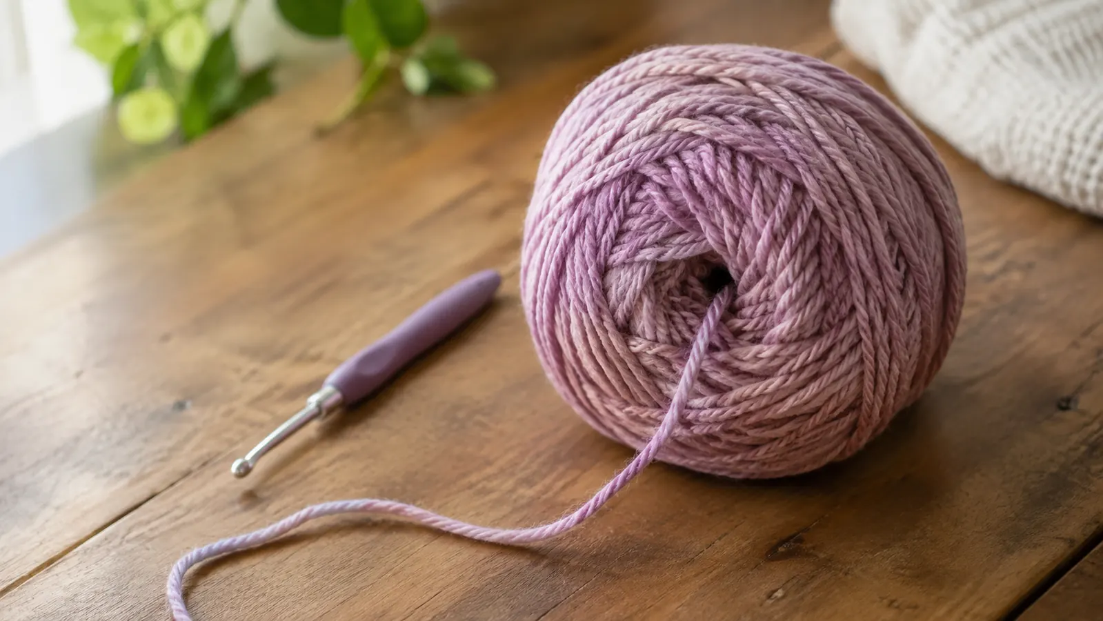 A center-pull ball of yarn sitting on a table with the yarn tail coming from the center