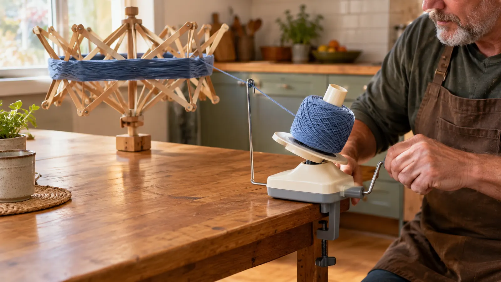 A hand turning the crank of a yarn ball winder while yarn feeds from a swift on the table