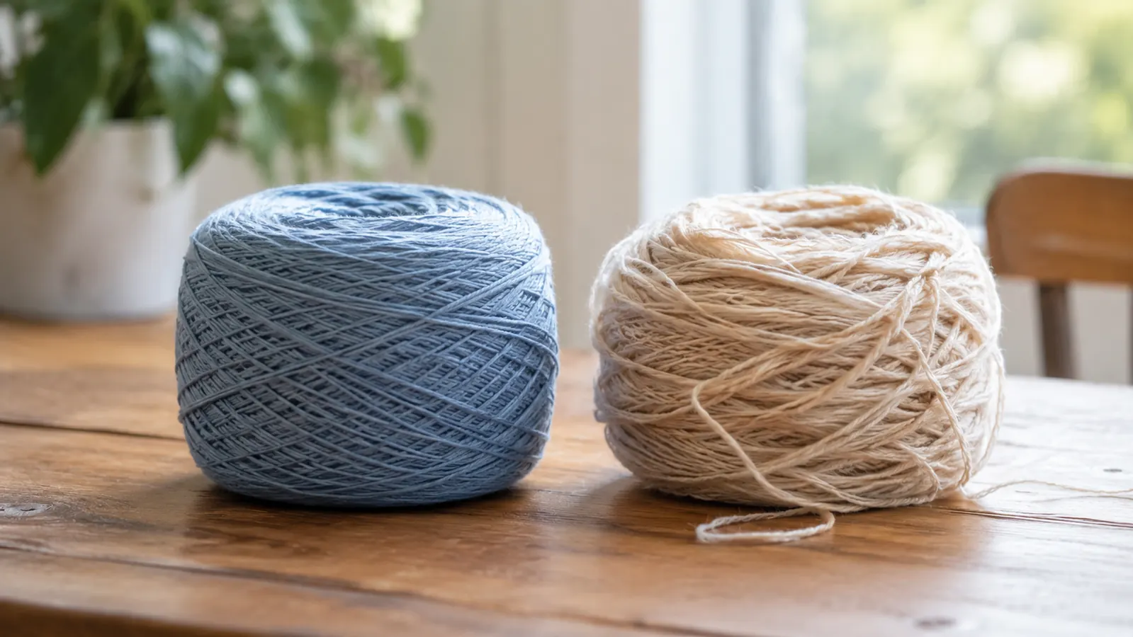 Two yarn cakes side by side, one smooth and one slightly uneven, on a wooden table