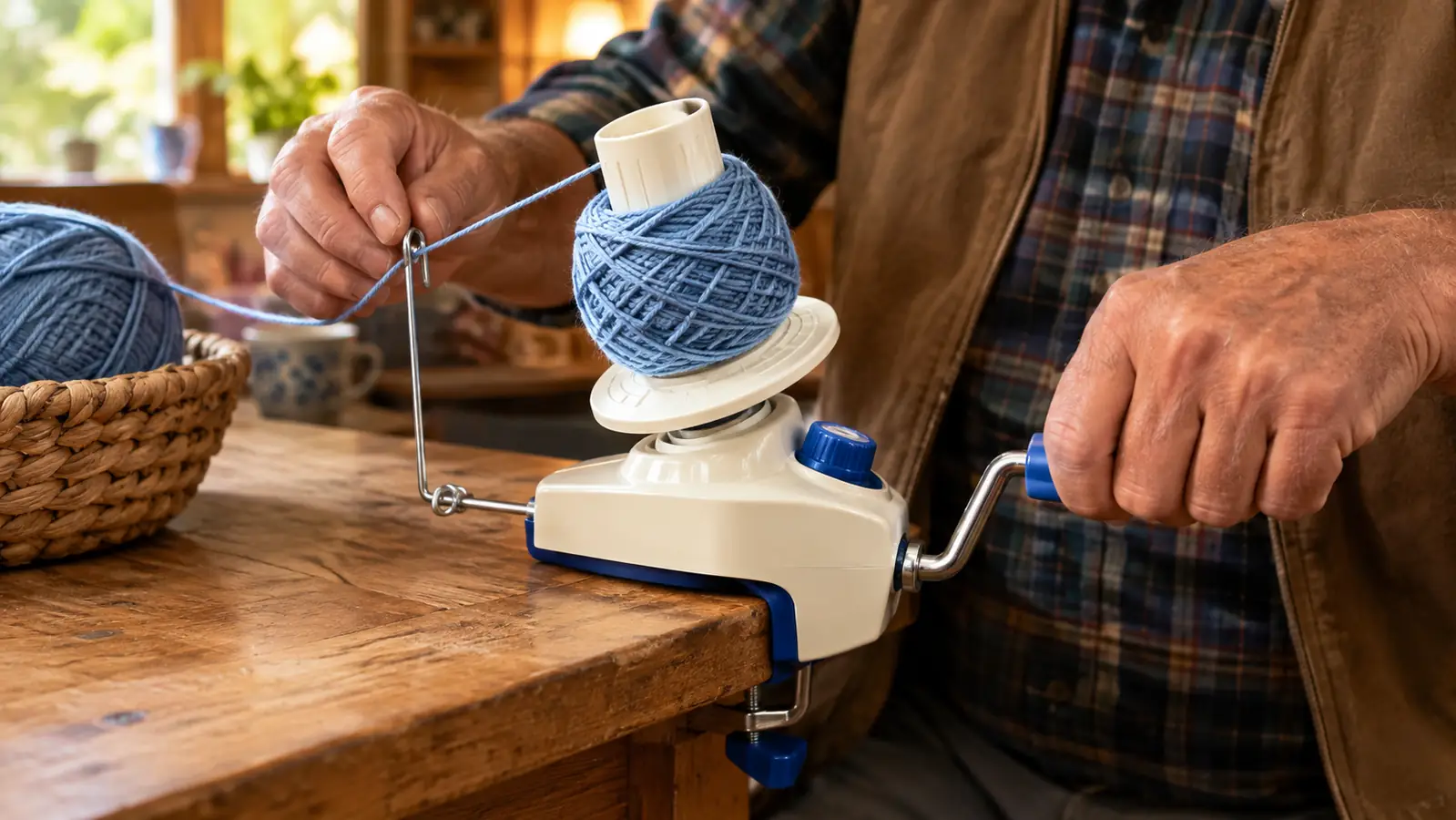 A hand turning the crank of a yarn ball winder while yarn feeds through a metal guide
