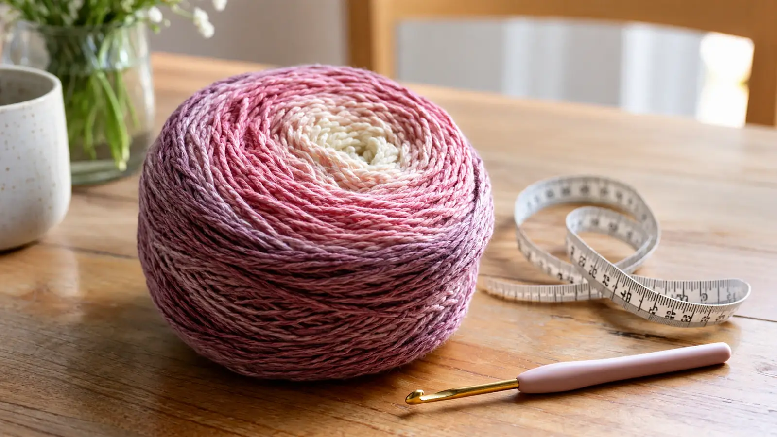 A yarn cake wound on a yarn ball winder sitting on a kitchen table next to a measuring tape