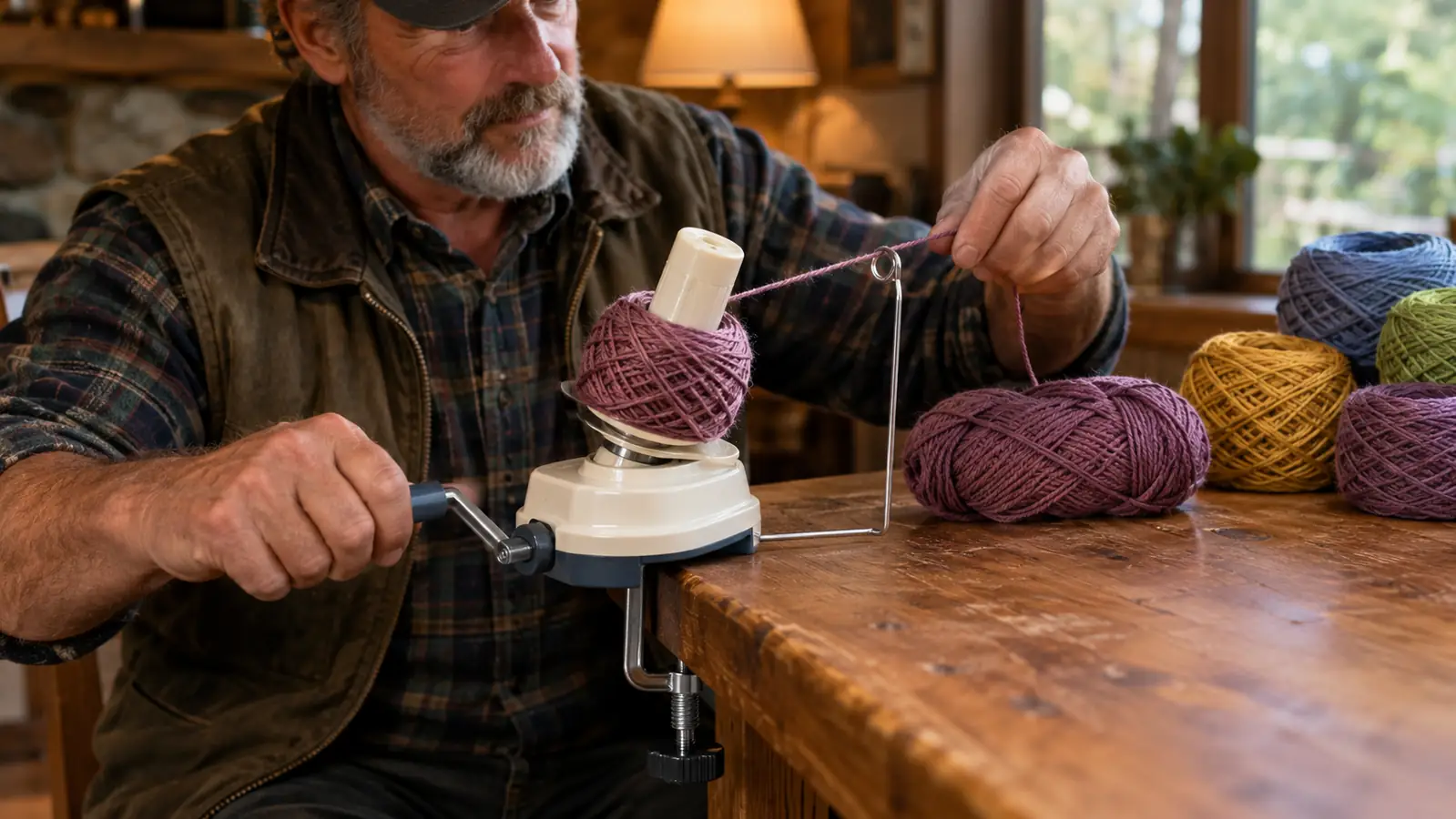 A yarn ball winder clamped to a table with a skein of yarn feeding into it and a stack of wound balls nearby