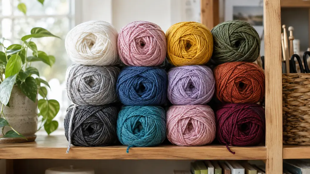A stack of neatly wound center-pull yarn balls in different colors on a shelf