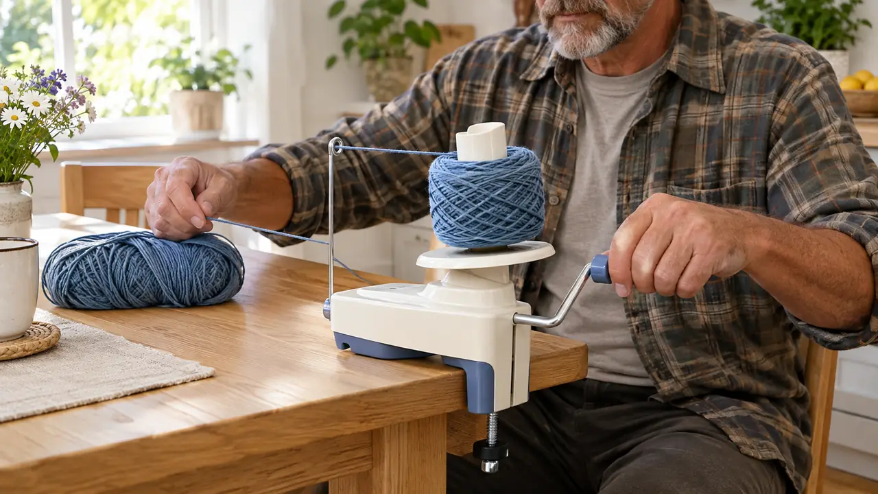 A yarn ball winder clamped to a table with yarn feeding from a skein into a growing cake
