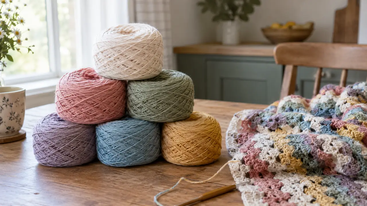 A neat stack of center-pull yarn cakes on a kitchen table beside a crochet project