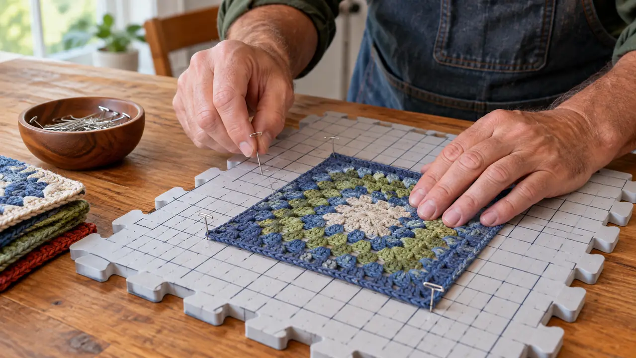 A hand pinning a crocheted square to a blocking mat with a T-pin