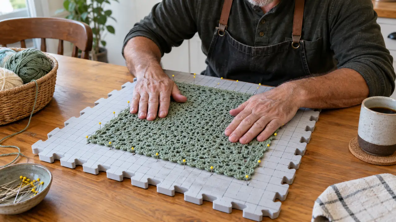 Hands pressing a crocheted piece flat on a blocking mat, with pins placed along the edge