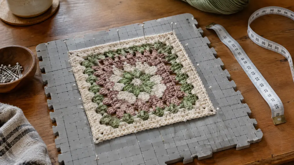 A crocheted square pinned on a blocking mat next to a measuring tape