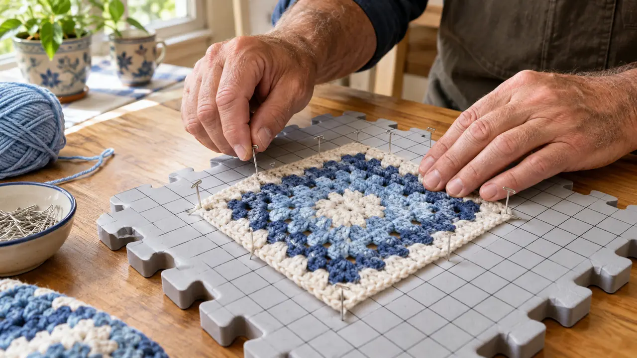 Hands pinning a crochet square to a foam blocking mat with T-pins