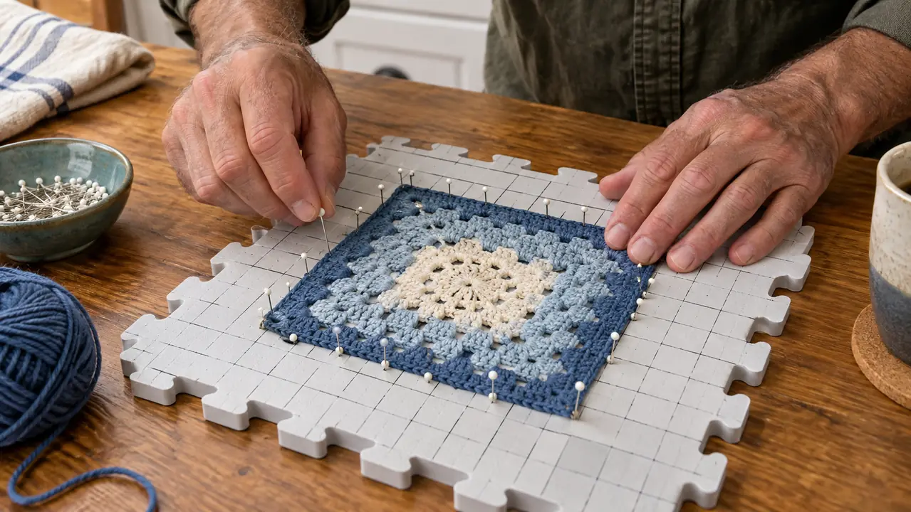 Hands pinning a crocheted square to a blocking board with rust-proof pins