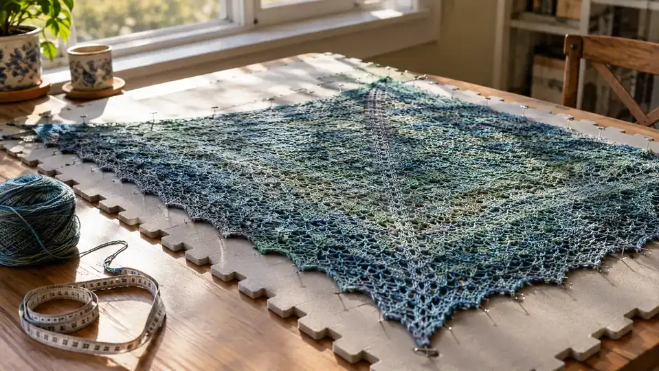 A crocheted shawl drying flat on blocking boards beside a sunny window