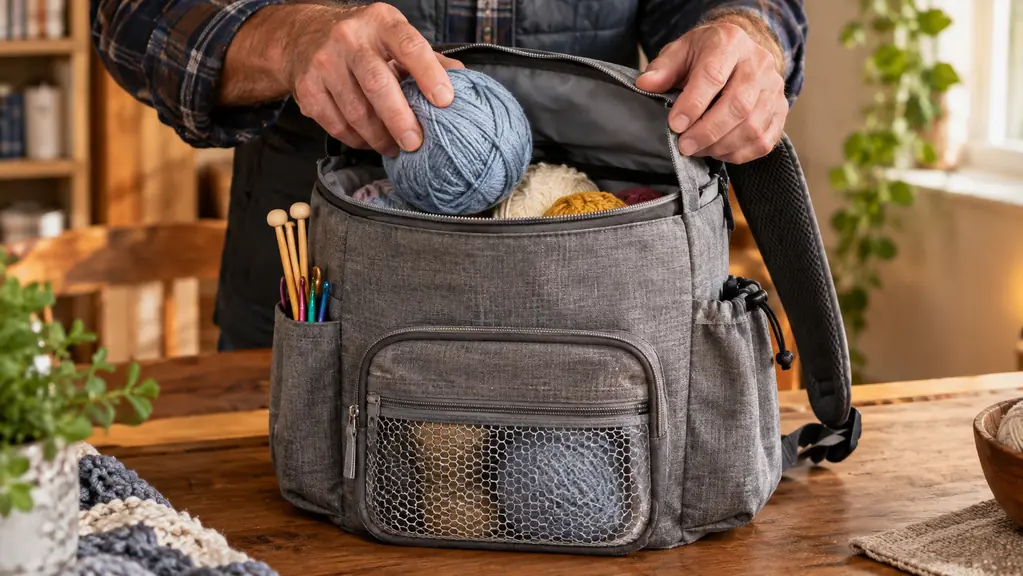 A woman's hands pulling a ball of yarn out of the top opening of a crochet bag backpack