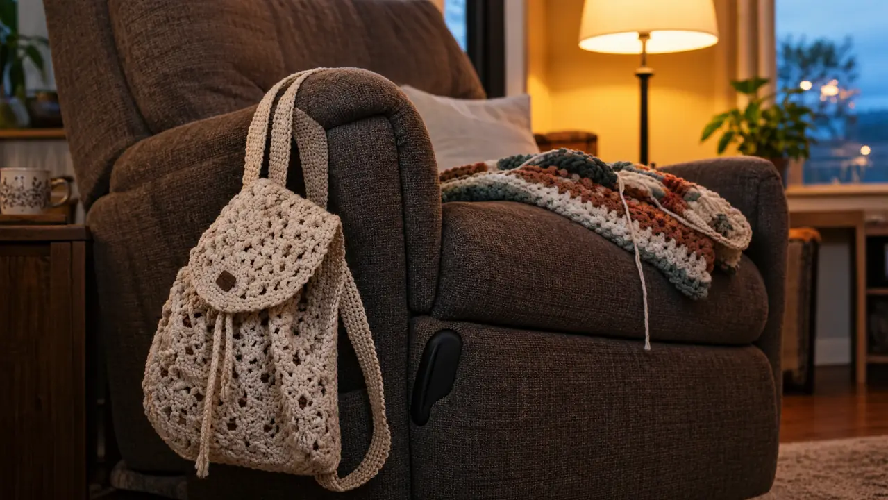 A crochet bag backpack hanging from the arm of a recliner with a half-finished blanket folded on the seat