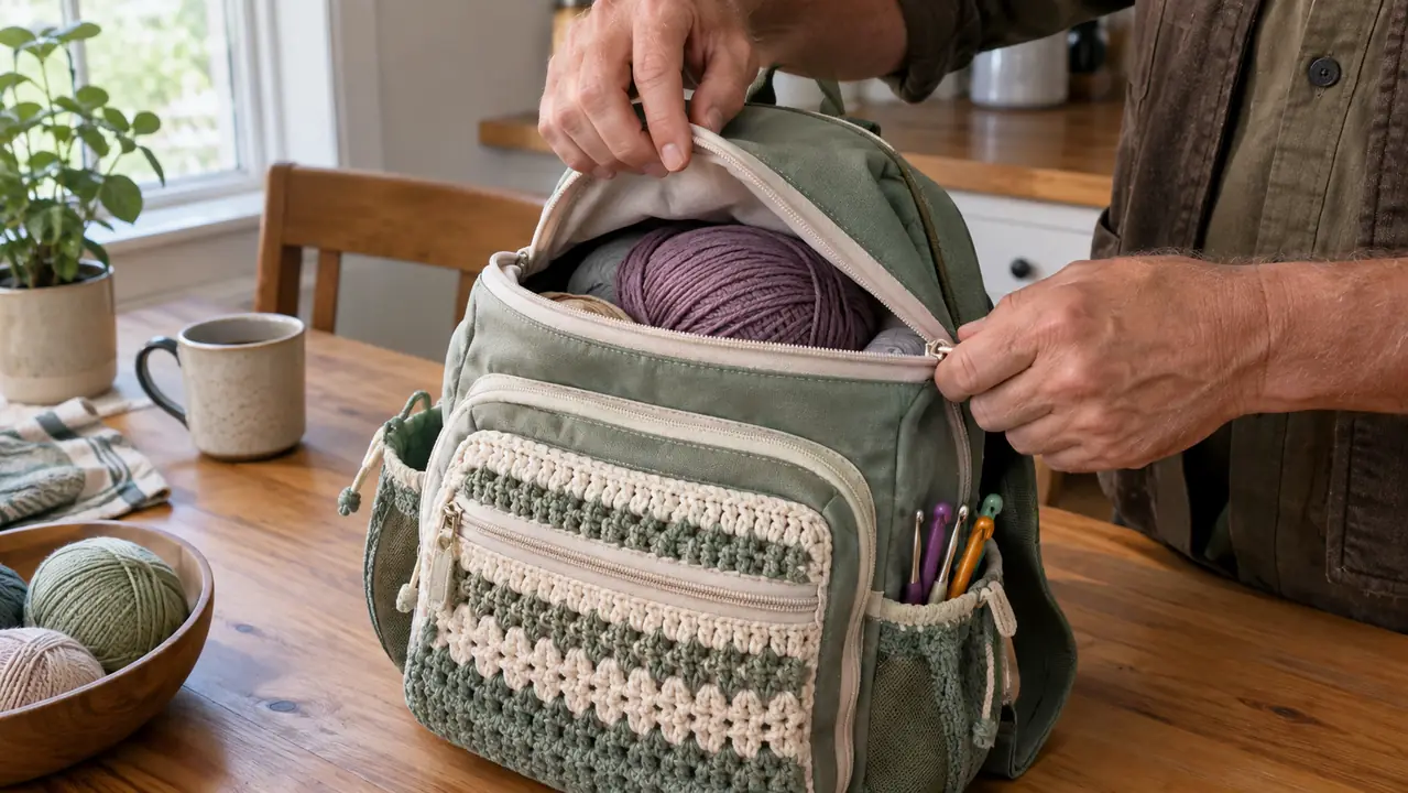 A person's hands opening the top of a crochet bag backpack to reach a skein of yarn