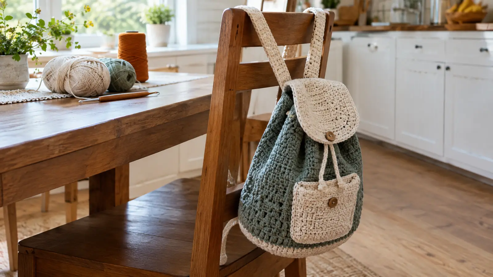 A crochet bag backpack hanging from the back of a dining chair with yarn spools on the table