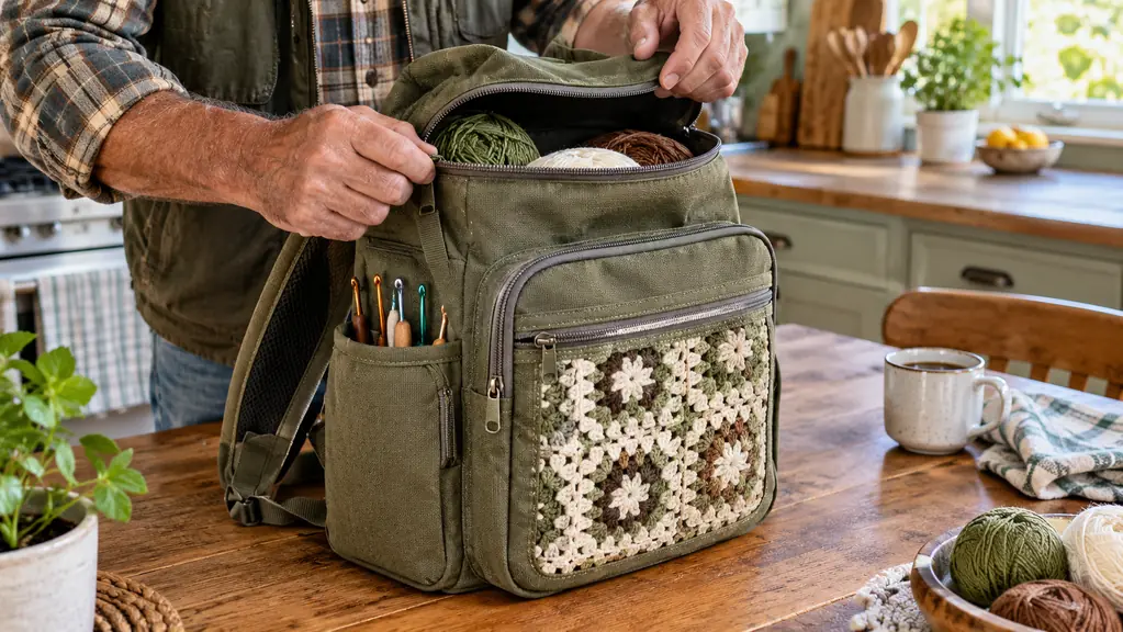A person's hands opening the top of a crochet bag backpack with yarn peeking out