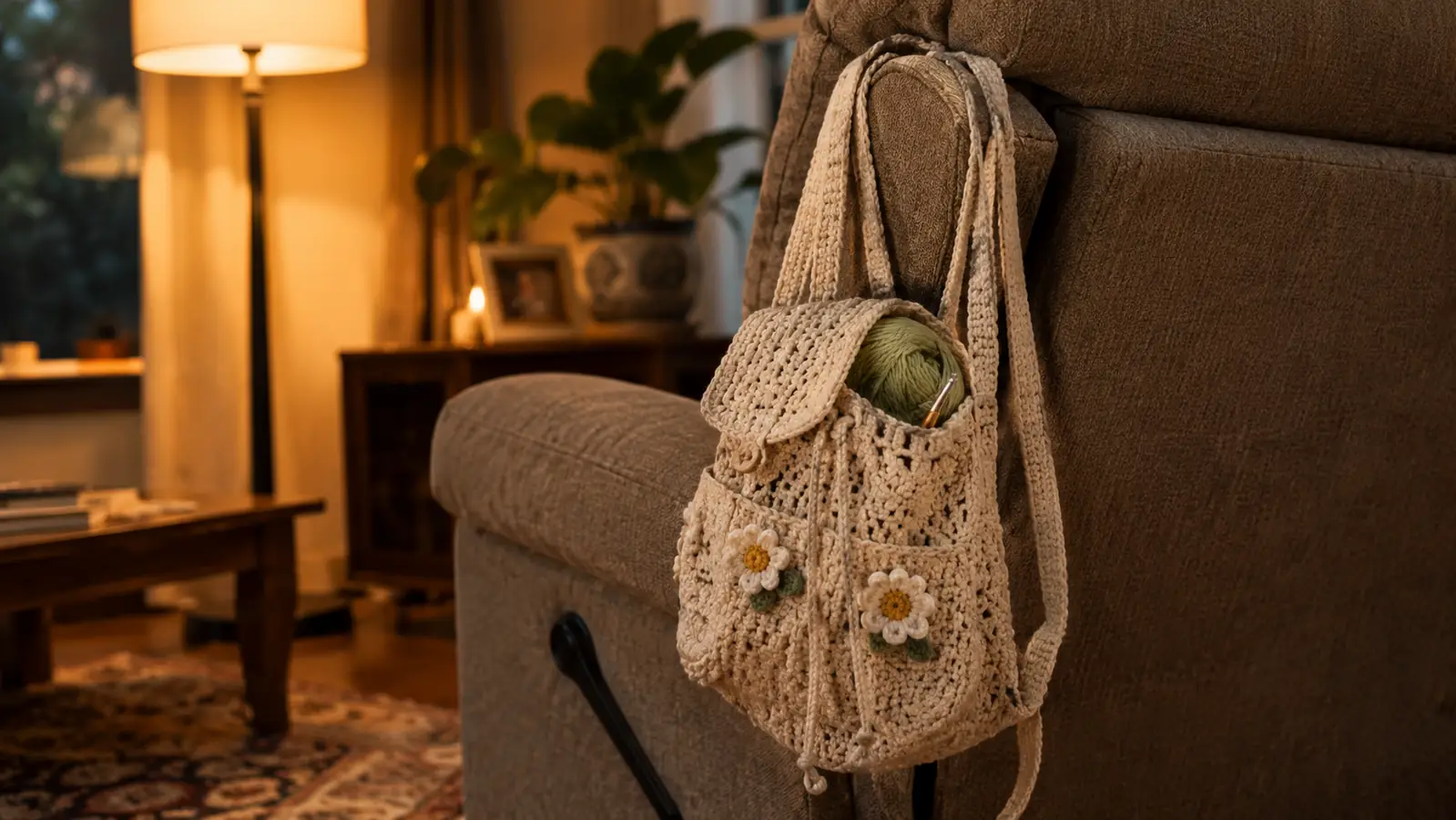 A crochet bag backpack hanging from a chair arm with a small project tucked inside