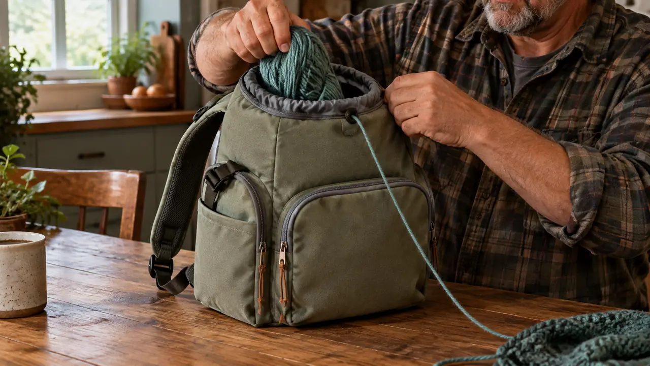 A hand pulling a skein of yarn out of the top opening of a yarn backpack