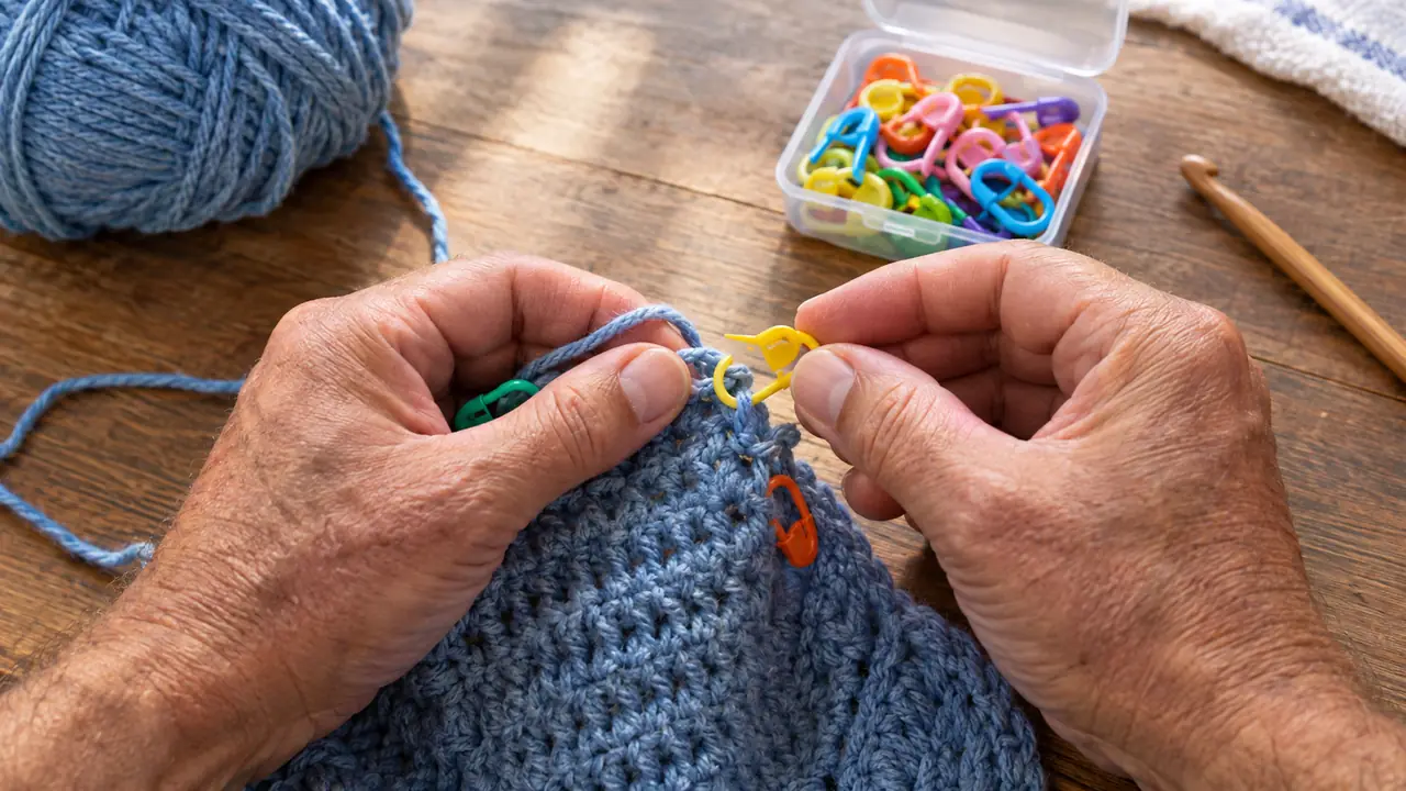 A hand placing a colorful locking stitch marker onto a crochet stitch in a row of yarn