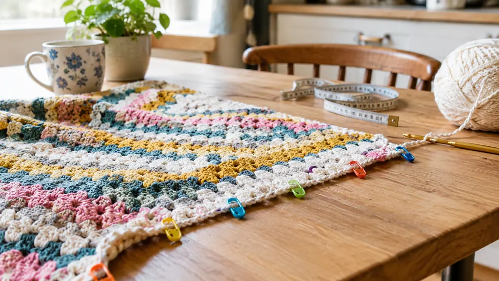 A crochet project laid flat on a kitchen table with several colorful locking stitch markers placed at even intervals along the edge