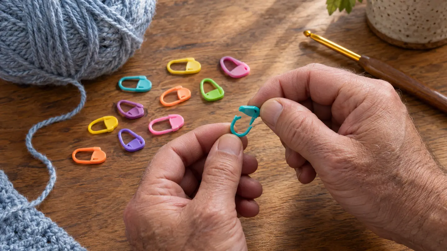A hand opening a small plastic locking stitch marker beside a ball of yarn and a crochet hook
