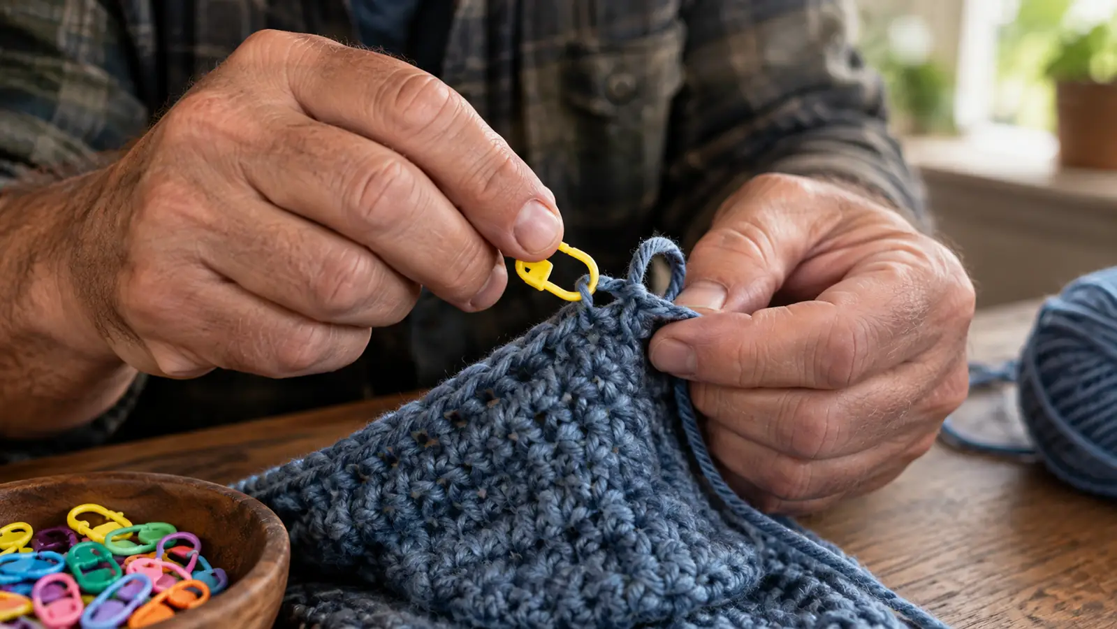 A hand placing a locking stitch marker onto a loop of yarn in a crochet project