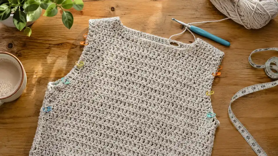 A crochet project laid flat on a kitchen table with several locking stitch markers clipped along the edge of the work