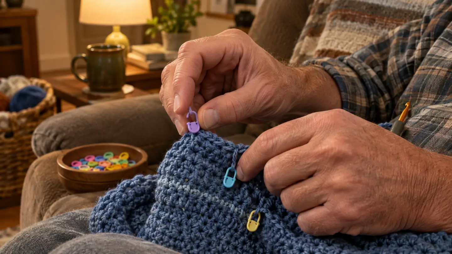 A crocheter's hands clipping a locking stitch marker onto a row of crochet in her lap